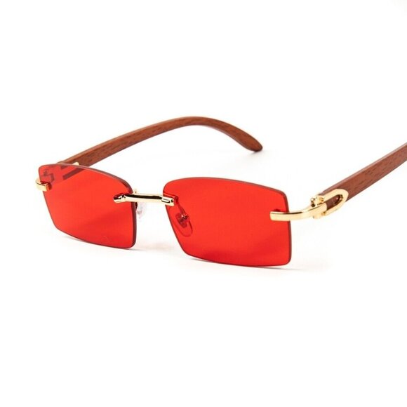 Retro Vintage Rectangle Rimless Gold Frame Red Tint 90s Vintage Sunglasses - Picture 1 of 6